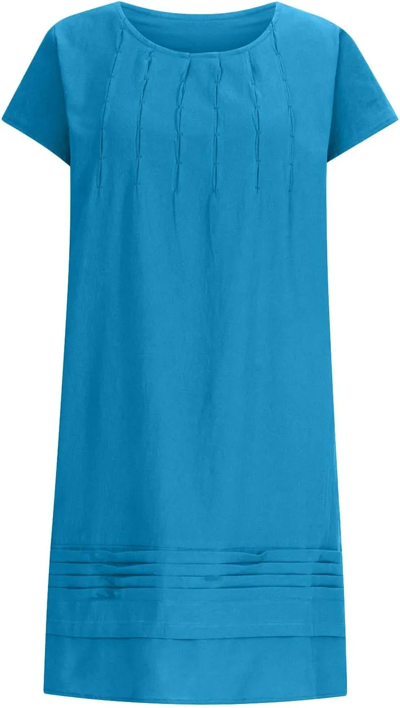Women's Trendy Cotton and Linen Dress Crewneck Loose Fit Short Sleeve Dresses Solid Color Pleated Mini Dress 2025