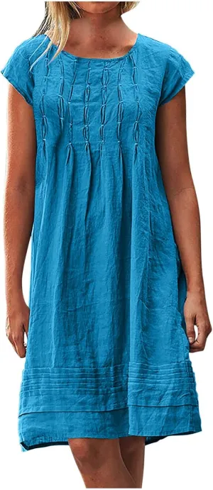 Women's Trendy Cotton and Linen Dress Crewneck Loose Fit Short Sleeve Dresses Solid Color Pleated Mini Dress 2025