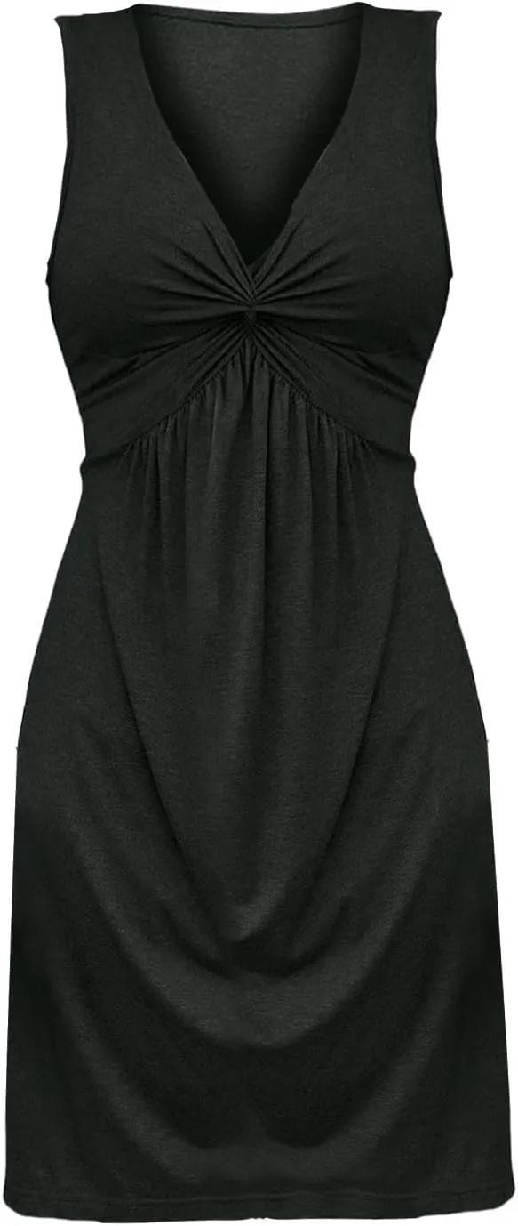 Women's Twist Front V Neck Ruffle Knotted Sleeveless Tank Dress Casual Summer A Line Sundress Vacasion Outfits