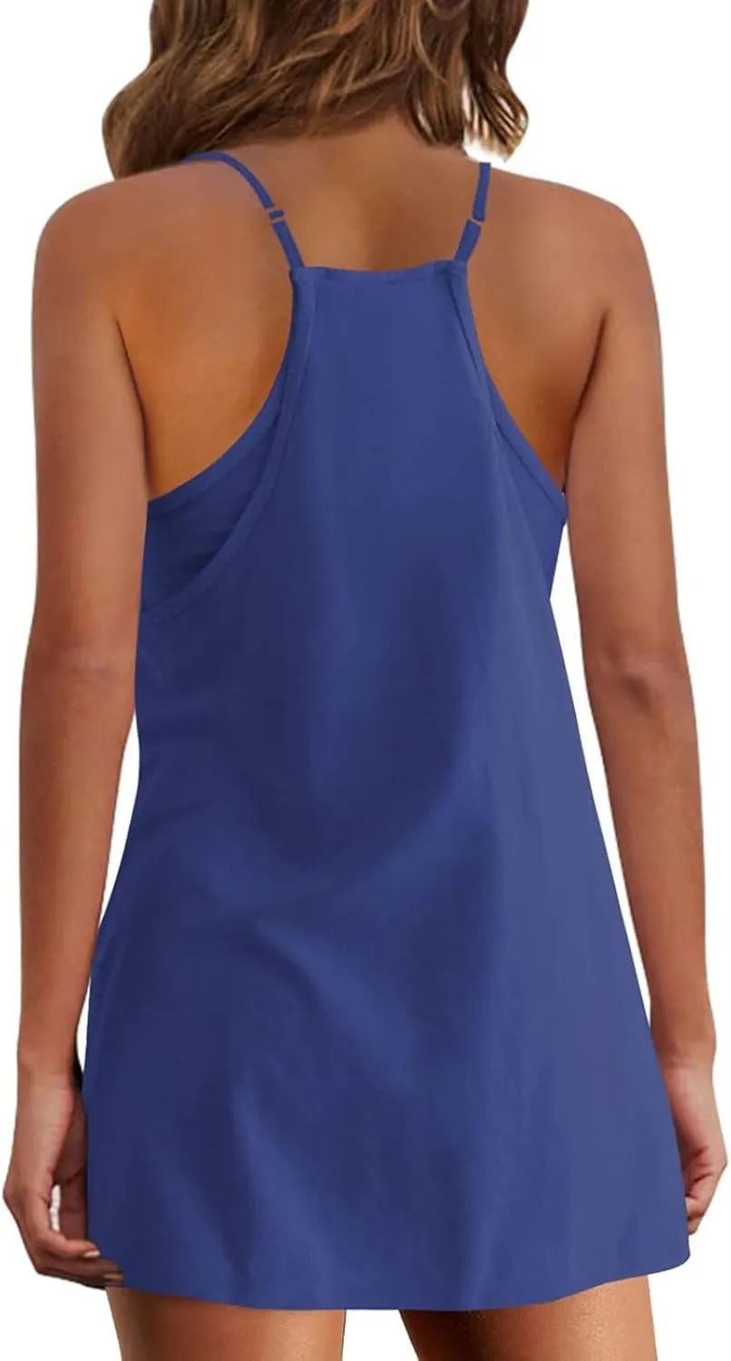 Womens Two Piece Summer Sets Sleeveless V Neck Mini Dress Spaghetti Strap Sundress Athletic Shorts with Pockets