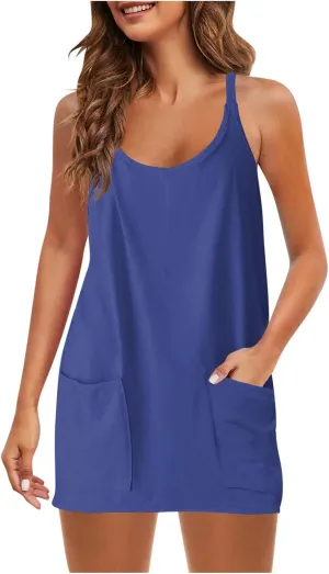 Womens Two Piece Summer Sets Sleeveless V Neck Mini Dress Spaghetti Strap Sundress Athletic Shorts with Pockets