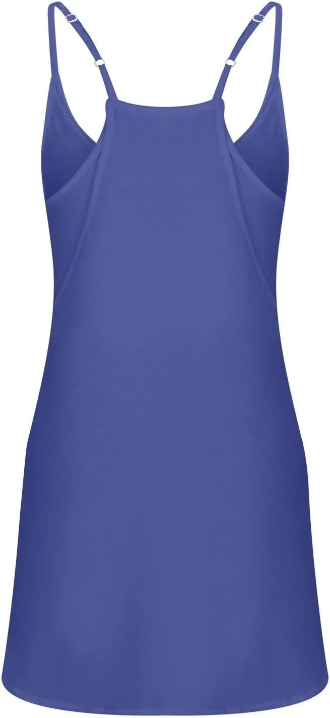 Womens Two Piece Summer Sets Sleeveless V Neck Mini Dress Spaghetti Strap Sundress Athletic Shorts with Pockets
