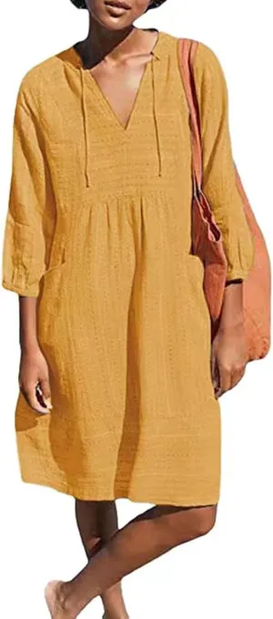 Womens V Neck Cotton Dress 3/4 Sleeve Midi Beach Dress Loose Fit Flowy Shirt Sundress with Pockets