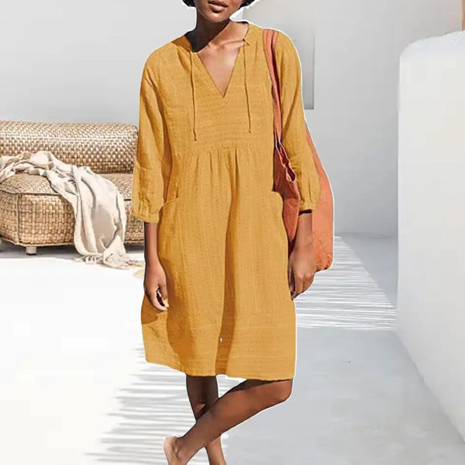 Womens V Neck Cotton Dress 3/4 Sleeve Midi Beach Dress Loose Fit Flowy Shirt Sundress with Pockets