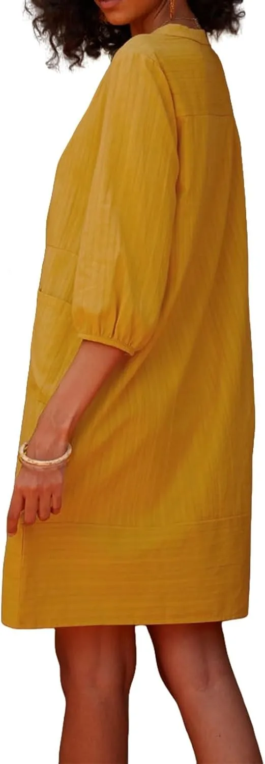 Womens V Neck Cotton Dress 3/4 Sleeve Midi Beach Dress Loose Fit Flowy Shirt Sundress with Pockets