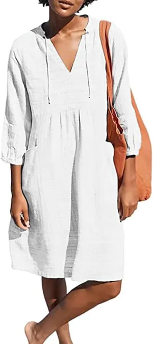 Womens V Neck Cotton Linen Summer Casual Loose Shirts Tunic 3/4 Sleeve Smock Dresses Beach Vacation Dress with Pocket