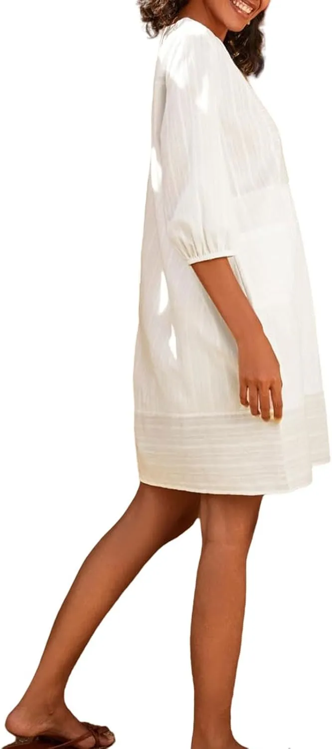 Womens V Neck Cotton Linen Summer Casual Loose Shirts Tunic 3/4 Sleeve Smock Dresses Beach Vacation Dress with Pocket