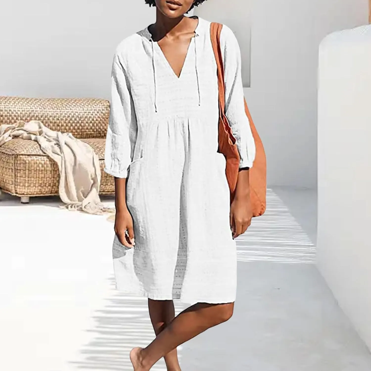Womens V Neck Cotton Linen Summer Casual Loose Shirts Tunic 3/4 Sleeve Smock Dresses Beach Vacation Dress with Pocket