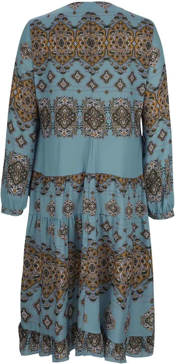 Women's V Neck Ethnic Style Empire Waist Slim Chiffon Dress Fall Long Sleeve A-Line Swing Dresses for Women Casual Maxi Dress