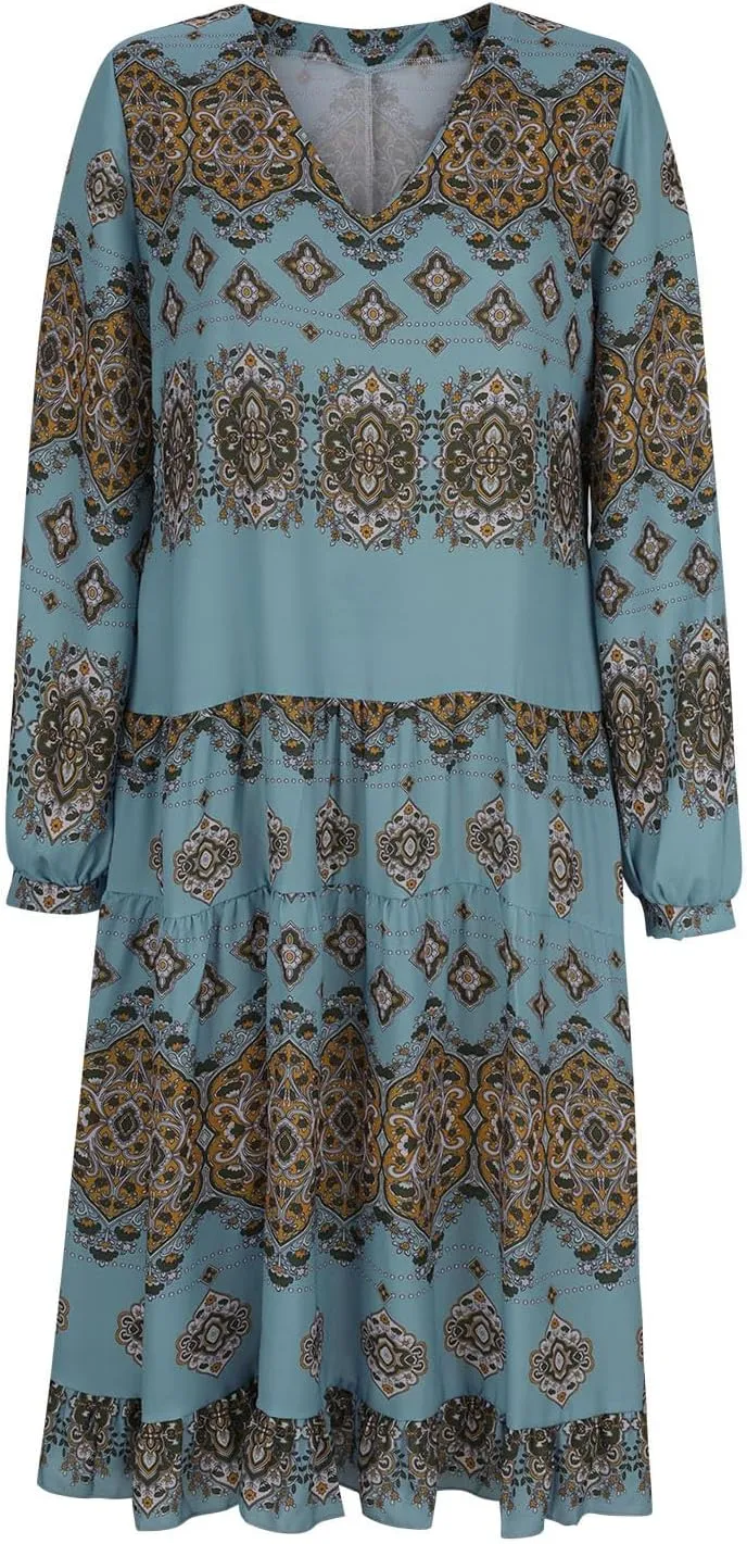 Women's V Neck Ethnic Style Empire Waist Slim Chiffon Dress Fall Long Sleeve A-Line Swing Dresses for Women Casual Maxi Dress