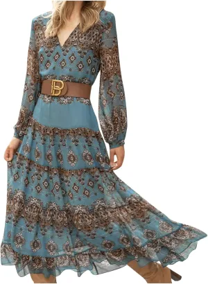 Women's V Neck Ethnic Style Empire Waist Slim Chiffon Dress Fall Long Sleeve A-Line Swing Dresses for Women Casual Maxi Dress