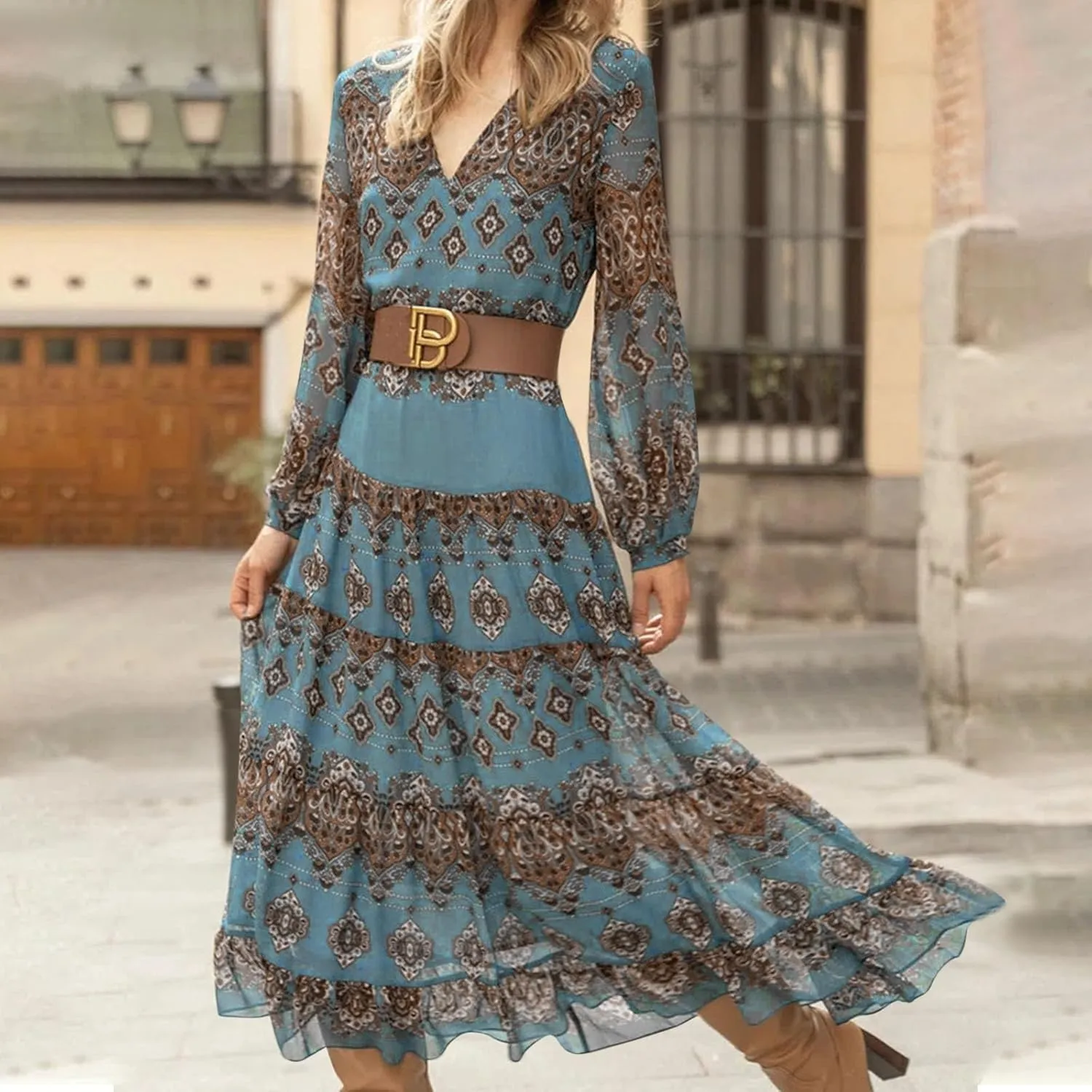 Women's V Neck Ethnic Style Empire Waist Slim Chiffon Dress Fall Long Sleeve A-Line Swing Dresses for Women Casual Maxi Dress