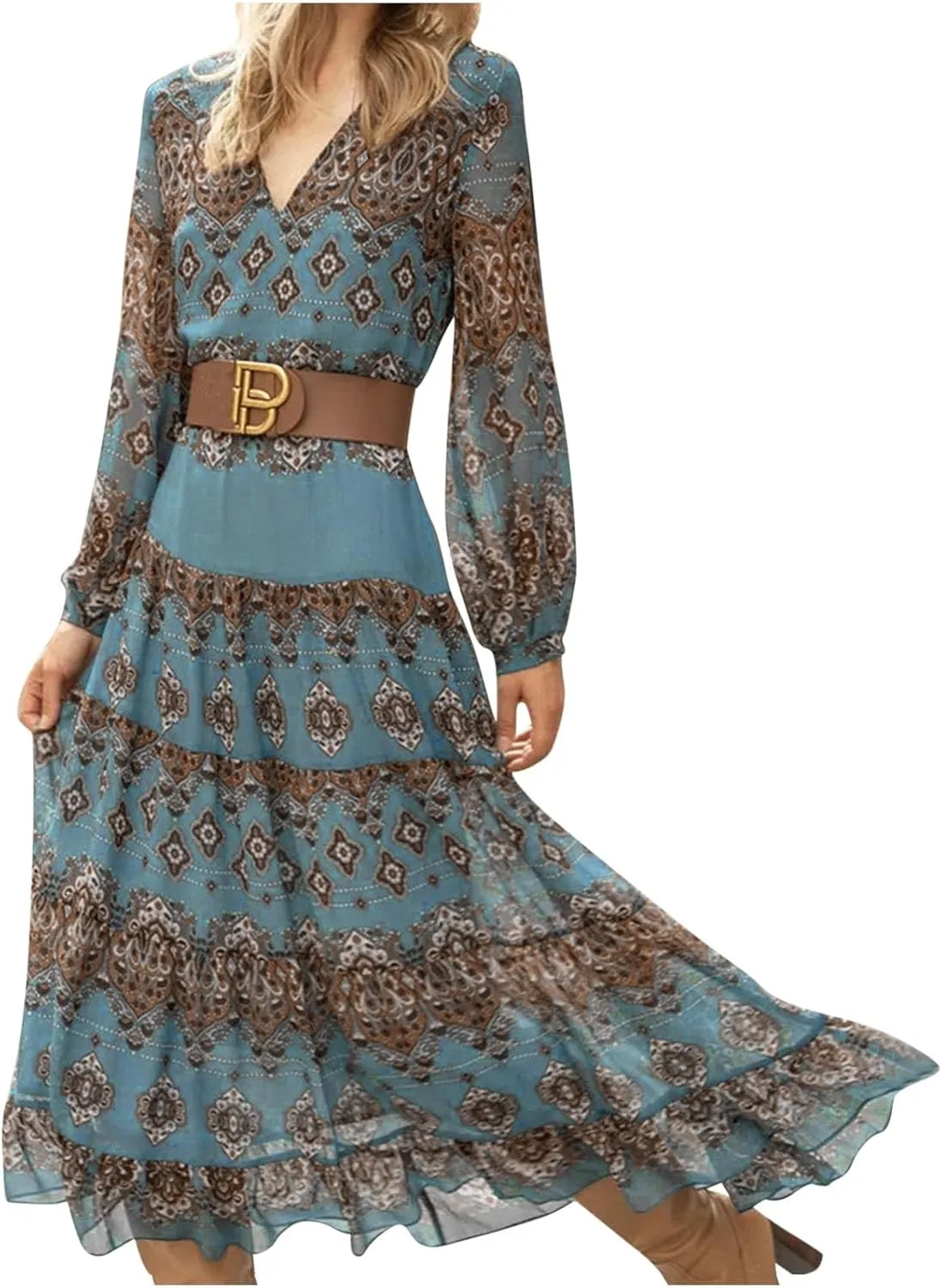 Women's V Neck Ethnic Style Empire Waist Slim Chiffon Dress Fall Long Sleeve A-Line Swing Dresses for Women Casual Maxi Dress
