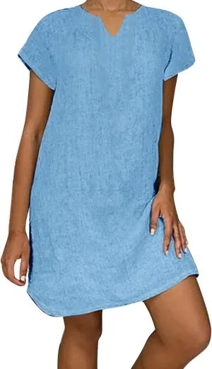 Womens V-Neck Midi Dress Summer Short Sleeve Plus Size Flowy Solid Color Cotton Linen Beach Dress T-Shirt Dresses