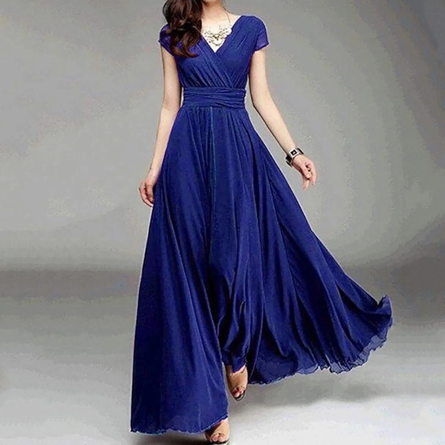 Women's V-Neck Solid Color Short Sleeve Chiffon Waist Closing Evening Dress Clothing Oversized