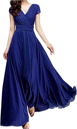 Women's V-Neck Solid Color Short Sleeve Chiffon Waist Closing Evening Dress Clothing Oversized