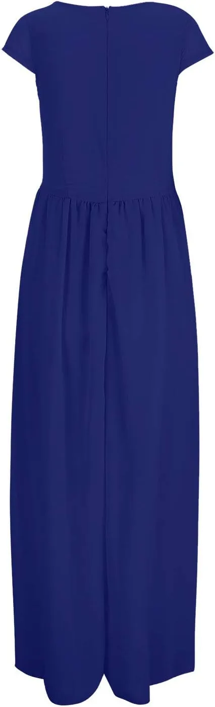 Women's V-Neck Solid Color Short Sleeve Chiffon Waist Closing Evening Dress Clothing Oversized