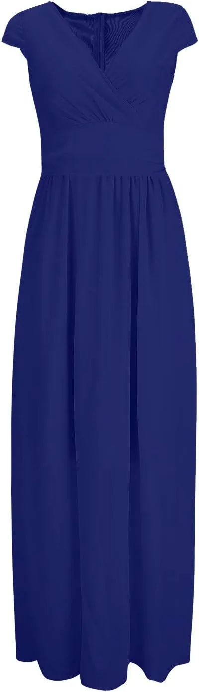 Women's V-Neck Solid Color Short Sleeve Chiffon Waist Closing Evening Dress Clothing Oversized