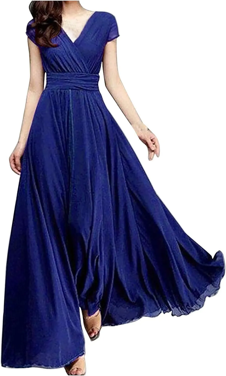 Women's V-Neck Solid Color Short Sleeve Chiffon Waist Closing Evening Dress Clothing Oversized