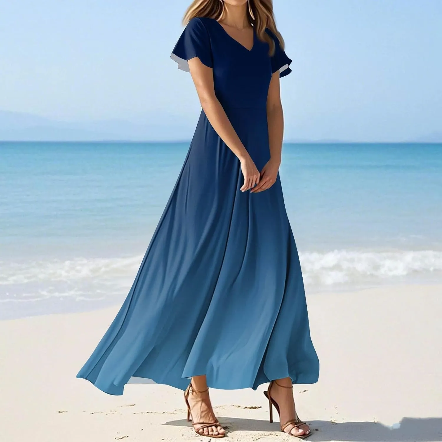 Women's Vacation Outfits Casual Loose Trendy Short Sleeve V-Neck Floral Printed Solid Beach Maxi Dresses, XS-2XL