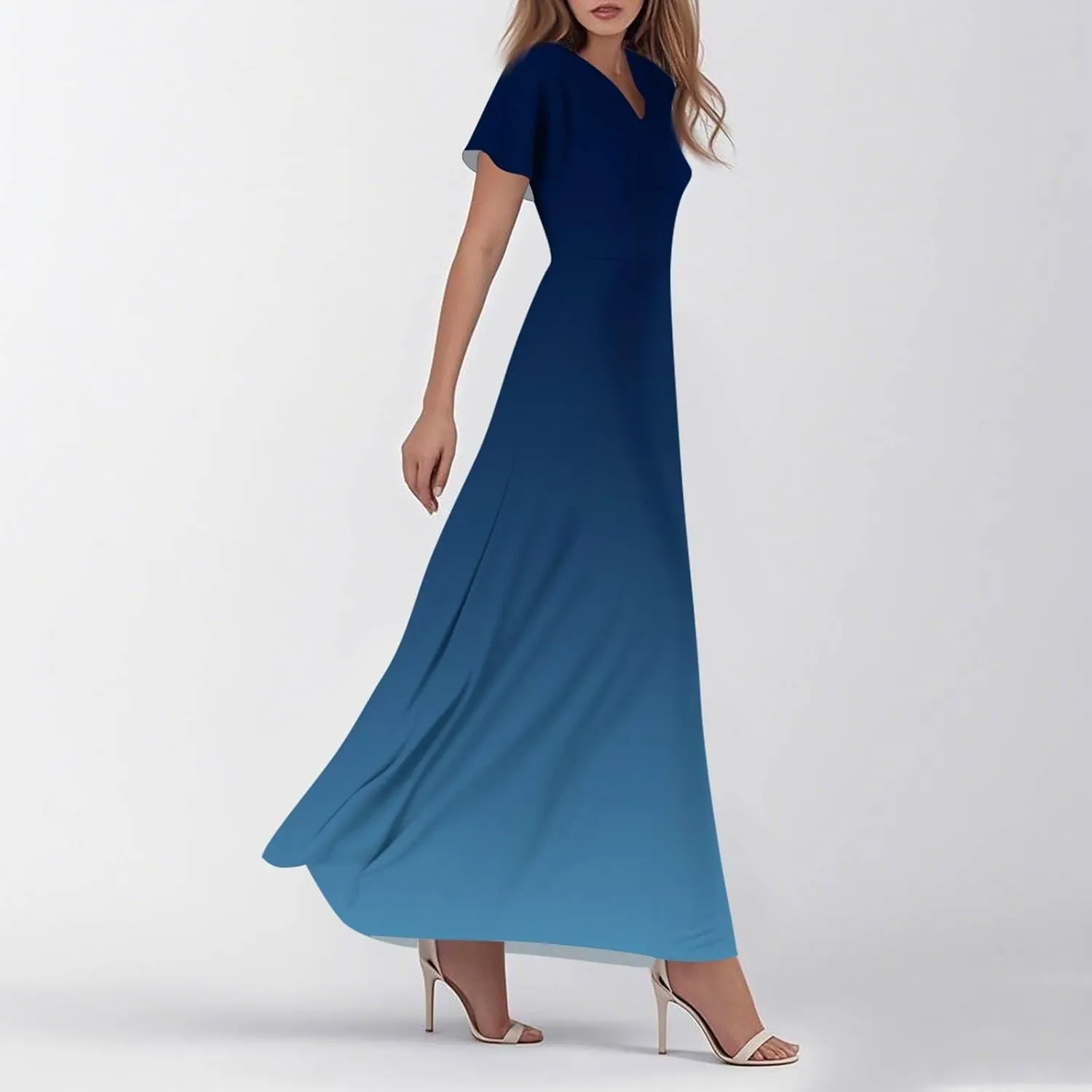 Women's Vacation Outfits Casual Loose Trendy Short Sleeve V-Neck Floral Printed Solid Beach Maxi Dresses, XS-2XL