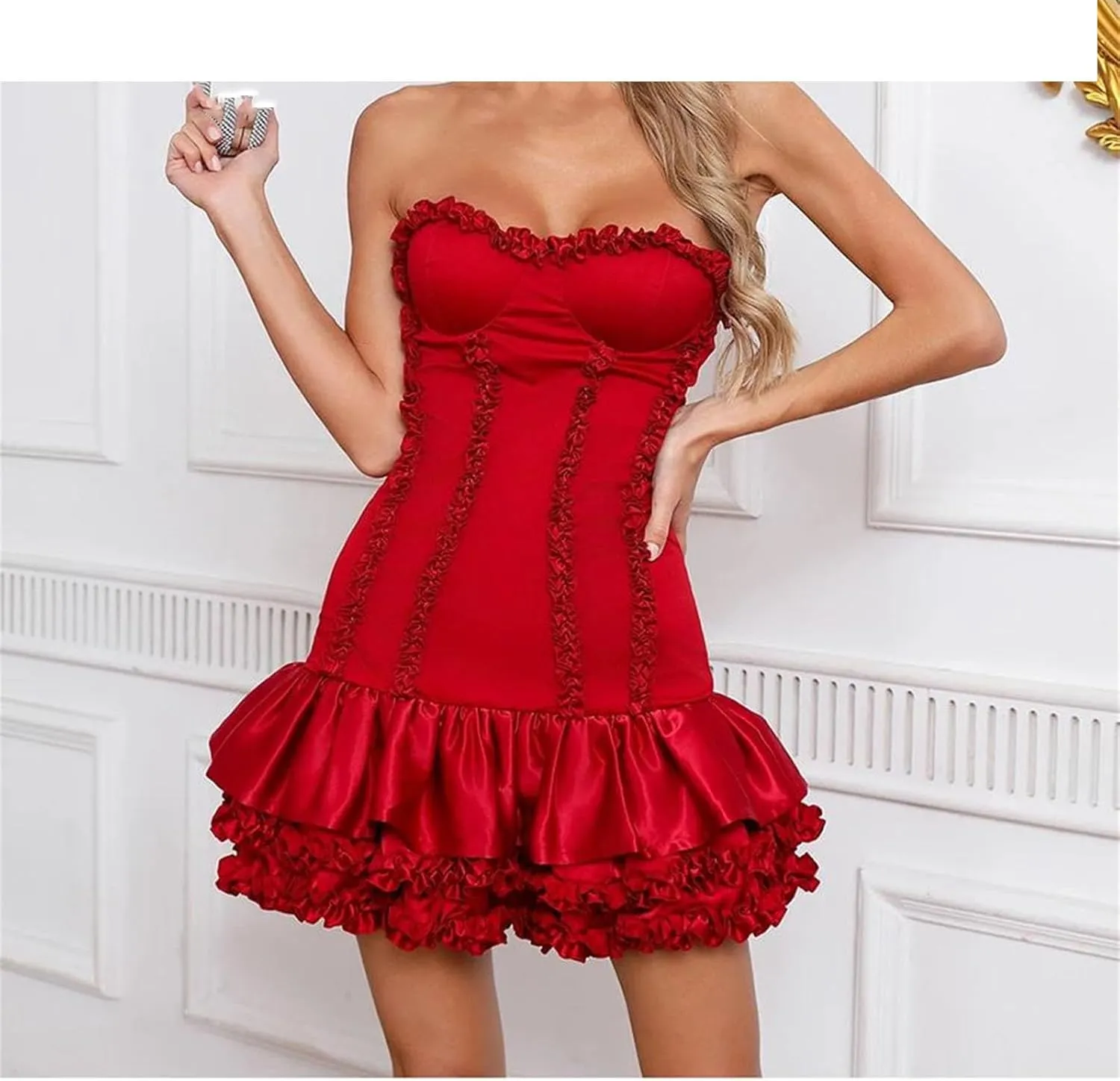 Women's Vintage Strapless Ruffles Dress Solid Sleeveless High Waist Mini Dresses
