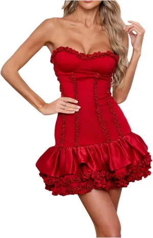Women's Vintage Strapless Ruffles Dress Solid Sleeveless High Waist Mini Dresses