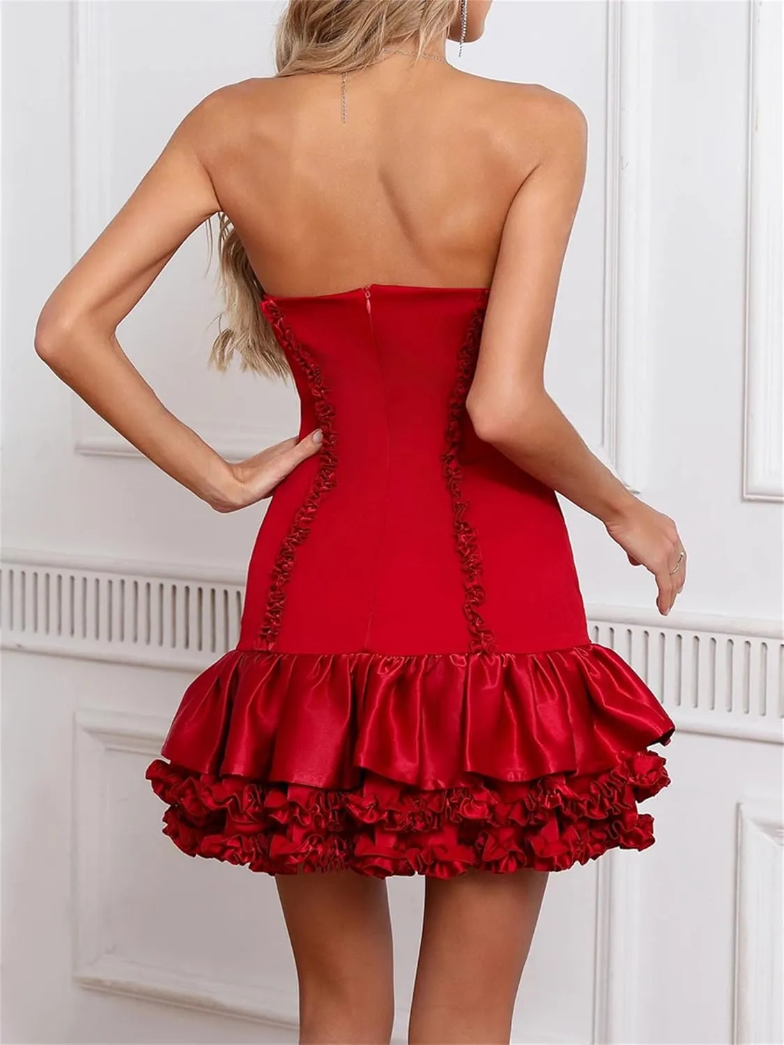 Women's Vintage Strapless Ruffles Dress Solid Sleeveless High Waist Mini Dresses