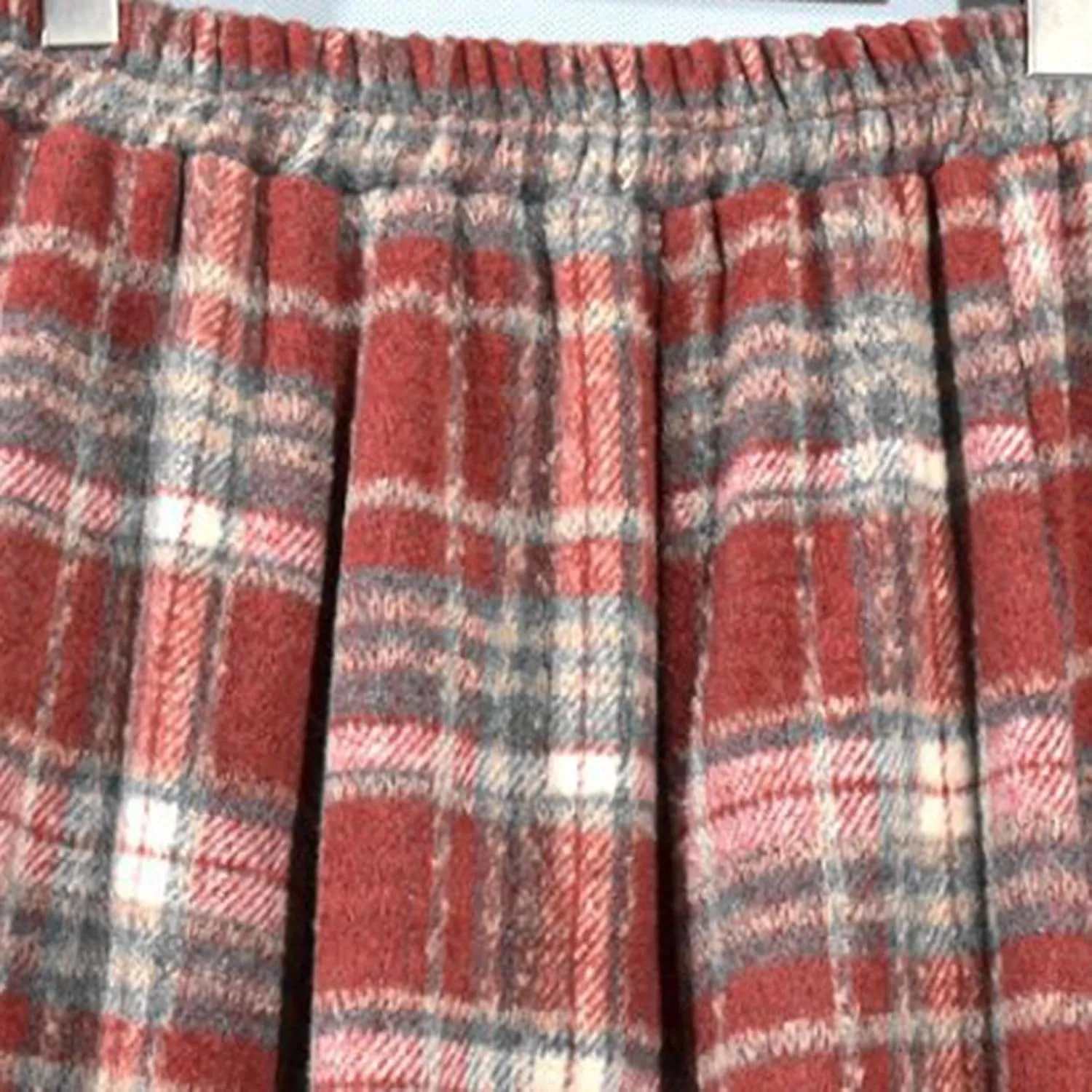 Womens Wool Blend Plaid Skirts Elastic Waist Lace Patchwork Hem Vintage Lattice Knee Length Midi Skirts
