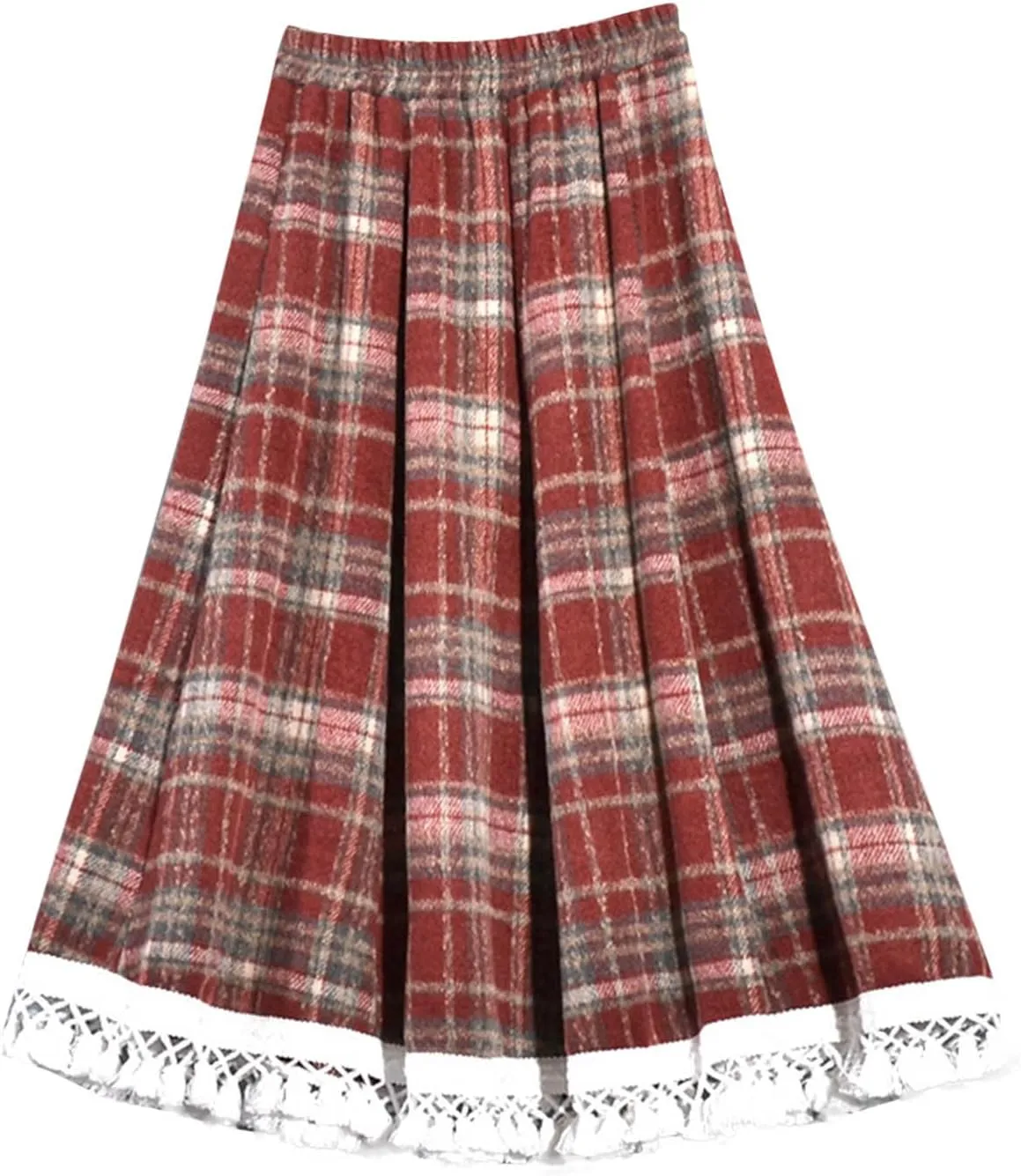 Womens Wool Blend Plaid Skirts Elastic Waist Lace Patchwork Hem Vintage Lattice Knee Length Midi Skirts