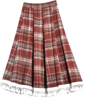 Womens Wool Blend Plaid Skirts Elastic Waist Lace Patchwork Hem Vintage Lattice Knee Length Midi Skirts