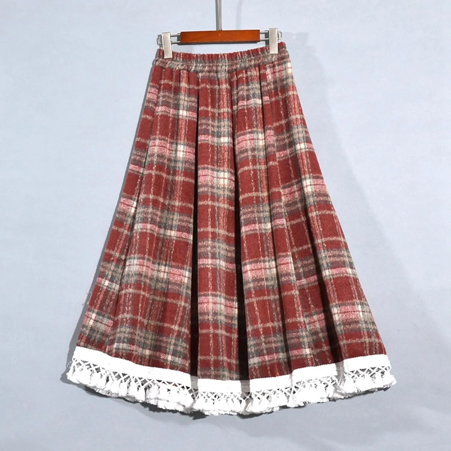Womens Wool Blend Plaid Skirts Elastic Waist Lace Patchwork Hem Vintage Lattice Knee Length Midi Skirts