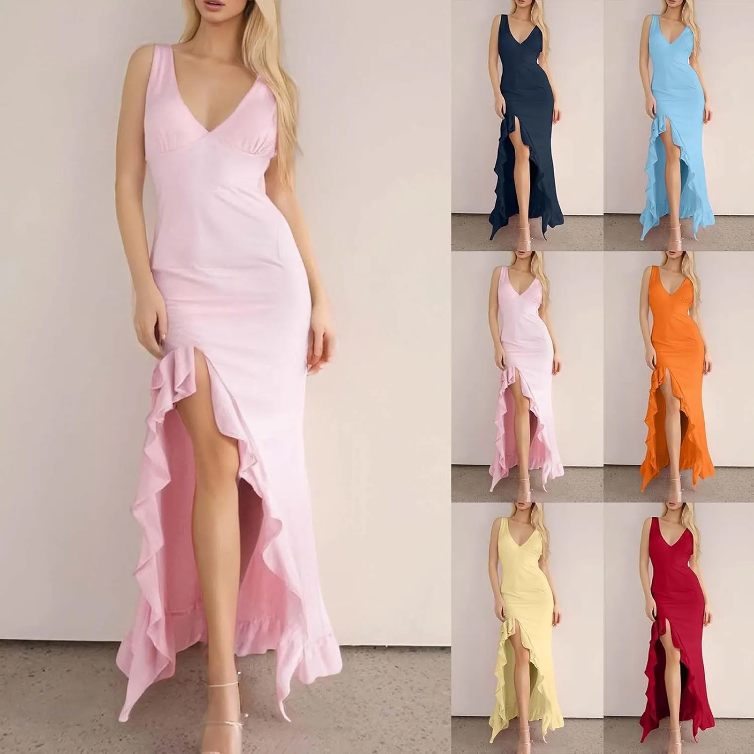 WYTong Women's Summer Bodycon Maxi Dress 2025 Spaghetti Strap Ruffle Mermaid Cocktail Wedding Guest Formal Long Dresses