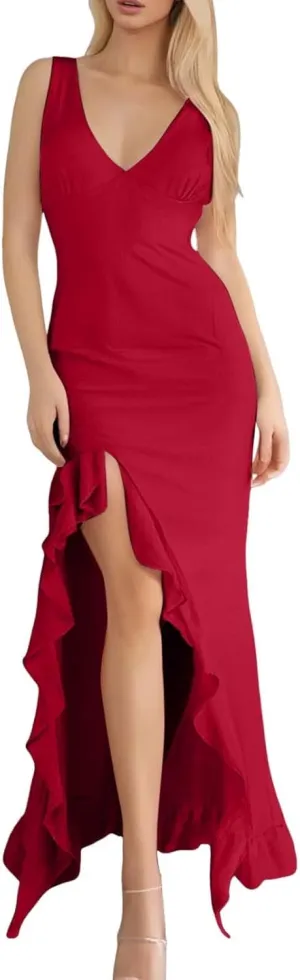 WYTong Women's Summer Bodycon Maxi Dress 2025 Spaghetti Strap Ruffle Mermaid Cocktail Wedding Guest Formal Long Dresses
