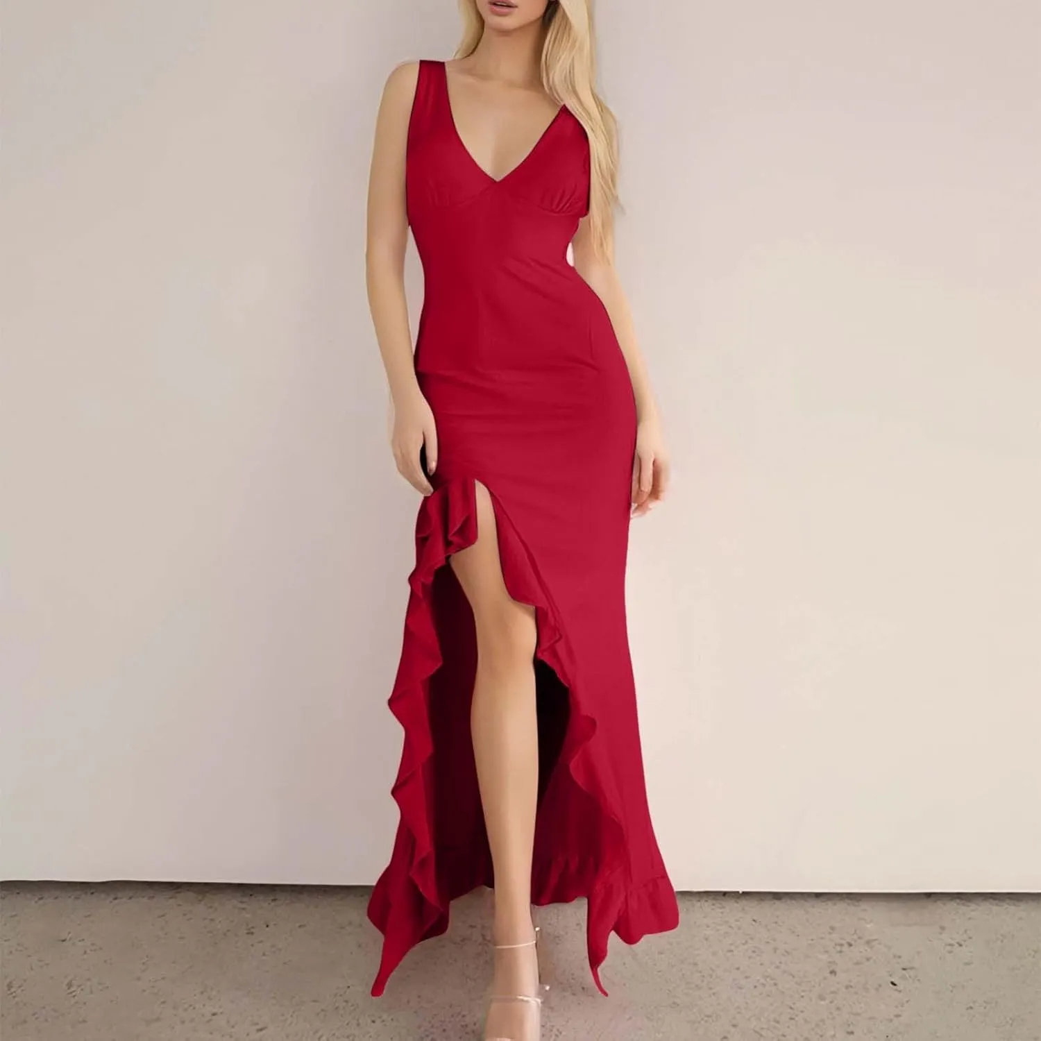 WYTong Women's Summer Bodycon Maxi Dress 2025 Spaghetti Strap Ruffle Mermaid Cocktail Wedding Guest Formal Long Dresses