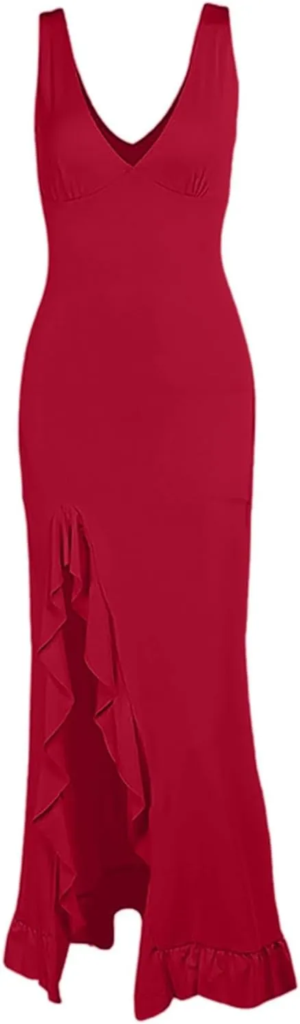 WYTong Women's Summer Bodycon Maxi Dress 2025 Spaghetti Strap Ruffle Mermaid Cocktail Wedding Guest Formal Long Dresses