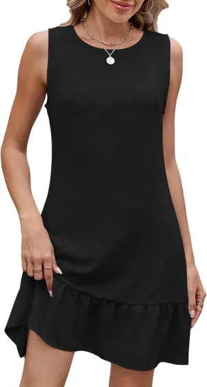 XUNRYAN Summer Dress Women's Tank Dress Casual Sleeveless Ruffle Hem Crewneck Loose Pleated Flounce Smock Short Mini Dresses