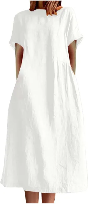 XUNRYAN Women Casual Loose Linen Cotton Dress Short Sleeve Crew Neck Solid Basic Midi Dresses Flowy A-Line Lounge Dresses