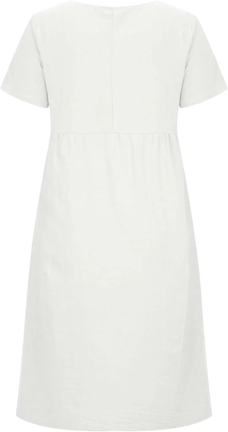 XUNRYAN Women Casual Loose Linen Cotton Dress Short Sleeve Crew Neck Solid Basic Midi Dresses Flowy A-Line Lounge Dresses