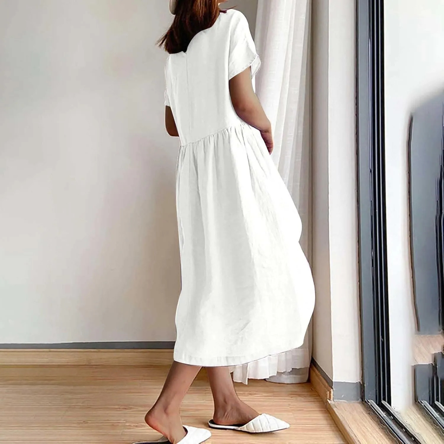 XUNRYAN Women Casual Loose Linen Cotton Dress Short Sleeve Crew Neck Solid Basic Midi Dresses Flowy A-Line Lounge Dresses