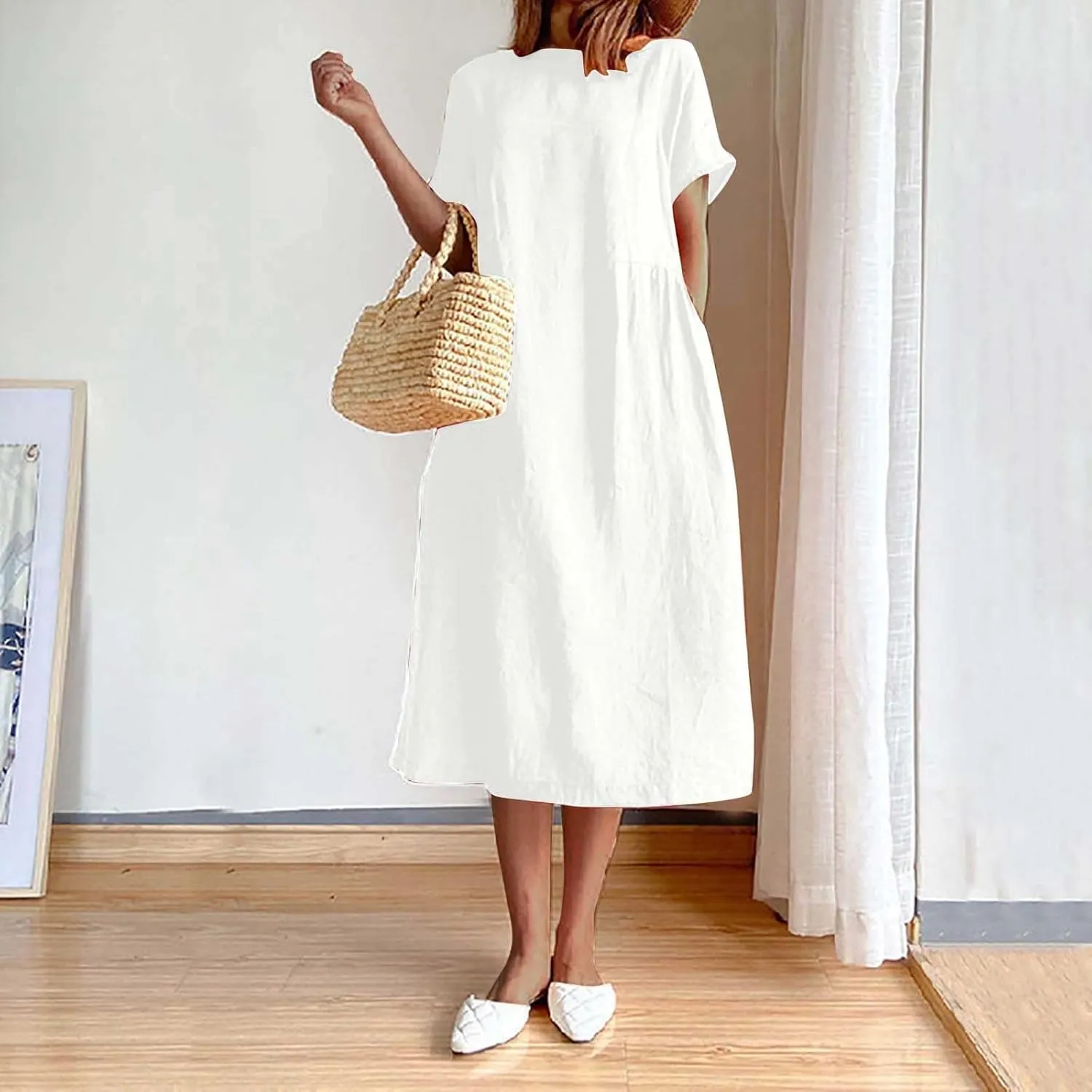 XUNRYAN Women Casual Loose Linen Cotton Dress Short Sleeve Crew Neck Solid Basic Midi Dresses Flowy A-Line Lounge Dresses