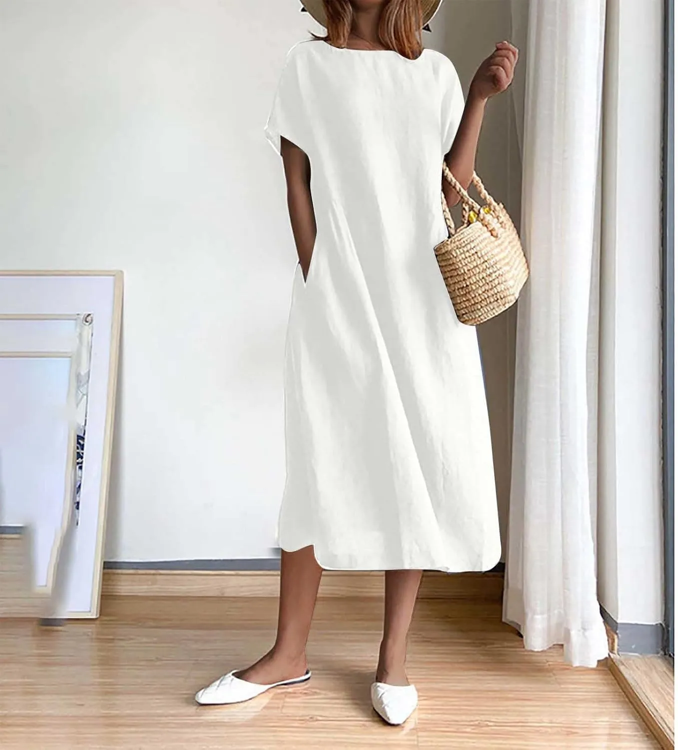 XUNRYAN Women Casual Loose Linen Cotton Dress Short Sleeve Crew Neck Solid Basic Midi Dresses Flowy A-Line Lounge Dresses
