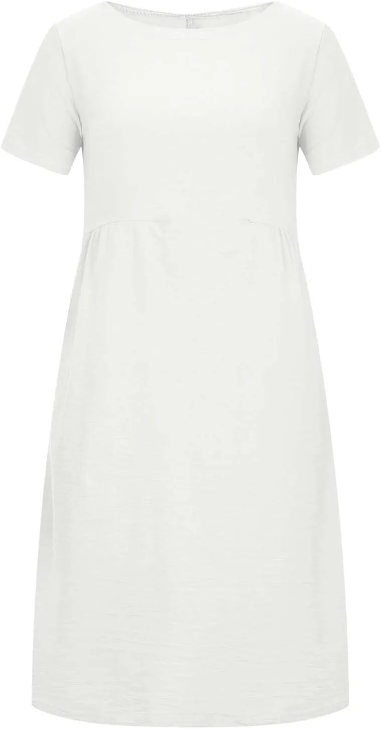 XUNRYAN Women Casual Loose Linen Cotton Dress Short Sleeve Crew Neck Solid Basic Midi Dresses Flowy A-Line Lounge Dresses