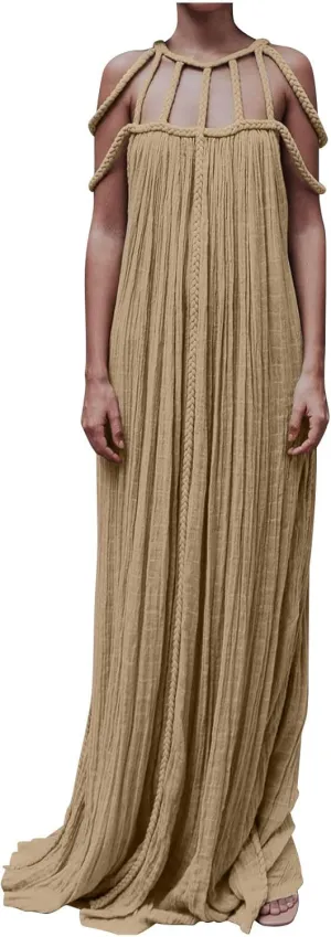 XUNRYAN Women's Sexy Spaghetti Strap Dress Backless Maxi Dresses Summer Cocktail Formal Crochet Halter Dress Vacation Outfit