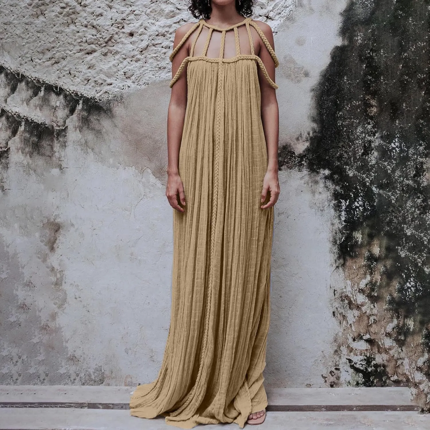 XUNRYAN Women's Sexy Spaghetti Strap Dress Backless Maxi Dresses Summer Cocktail Formal Crochet Halter Dress Vacation Outfit