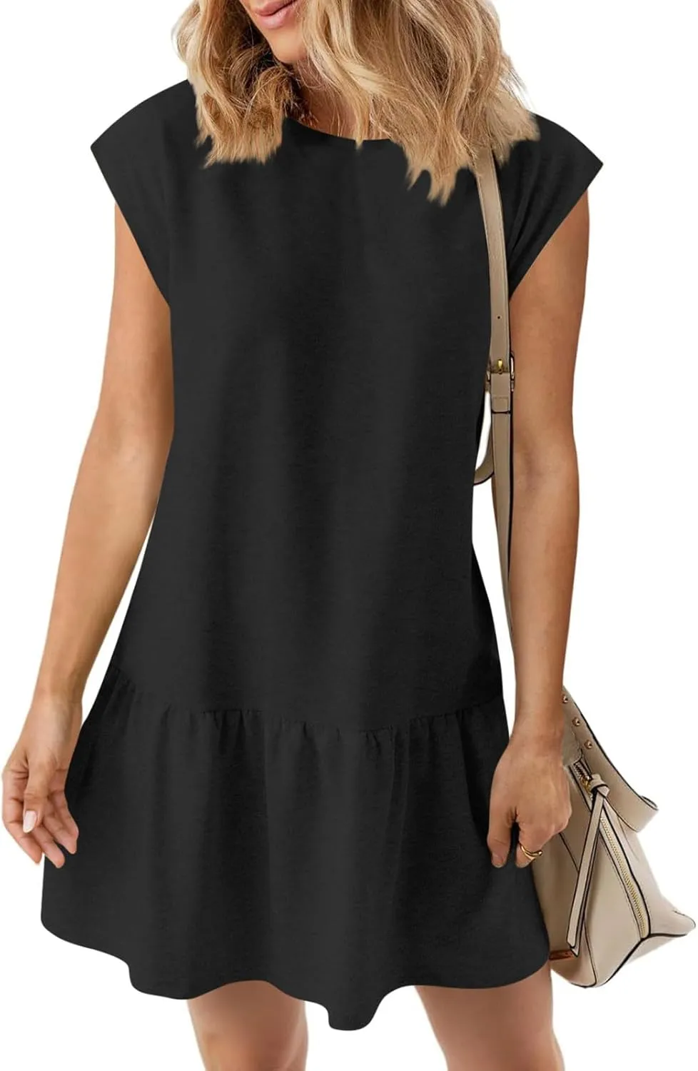 yardsong Cap Sleeve Dress for Women Summer Trendy Round Neck Mini Dresses Casual Loose Ruffle Hem Flowy Tunic Dresses