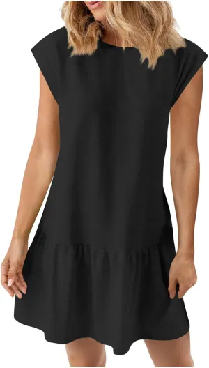 yardsong Cap Sleeve Dress for Women Summer Trendy Round Neck Mini Dresses Casual Loose Ruffle Hem Flowy Tunic Dresses
