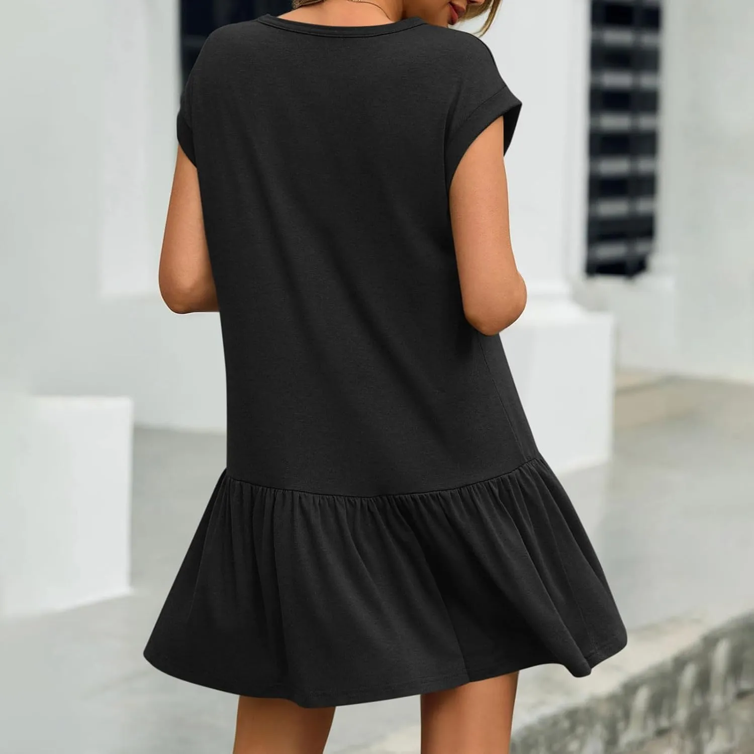 yardsong Cap Sleeve Dress for Women Summer Trendy Round Neck Mini Dresses Casual Loose Ruffle Hem Flowy Tunic Dresses