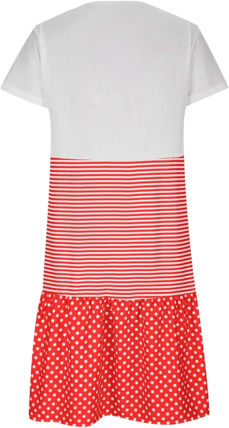 yardsong Casual Summer Dresses for Women Plus Size Short Sleeve Tshirt Dress Striped Polka Dot Patchwork Flowy Midi Dresses