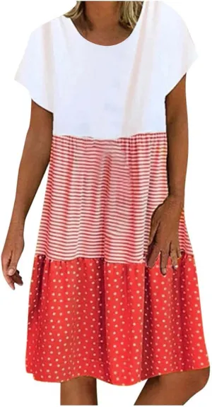 yardsong Casual Summer Dresses for Women Plus Size Short Sleeve Tshirt Dress Striped Polka Dot Patchwork Flowy Midi Dresses